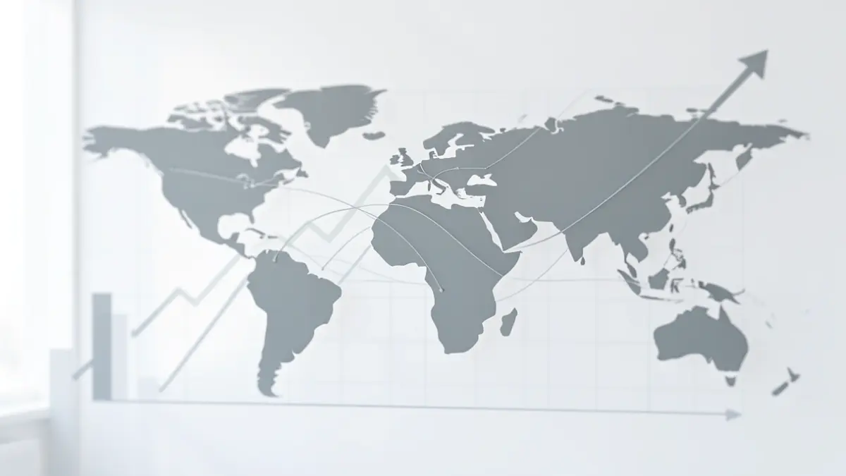 Generic image of stylized continents with connecting lines and a subtle upward trending graph in the background.