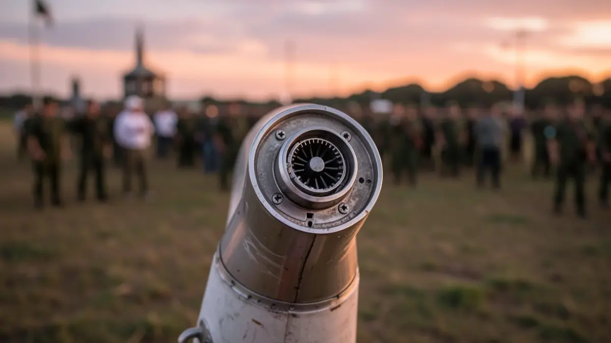 Imagem genérica de um bico de foguete em close-up, com detalhes metálicos, em ambiente de campo militar ao entardecer.