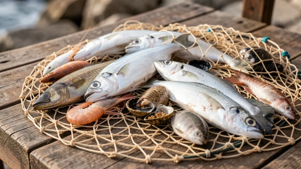 Imagem genérica de uma rede de pesca com marisco e peixe sobre madeira rústica.