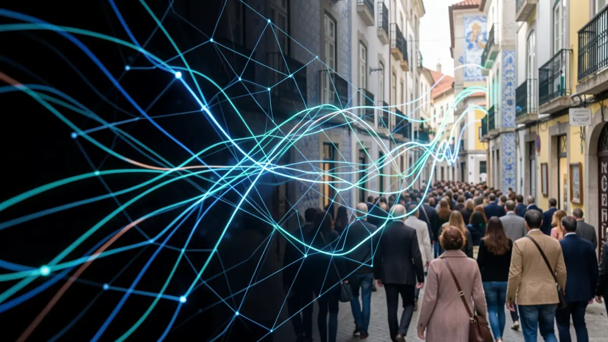 Generic image of abstract data streams and subtle Portuguese architectural elements.
