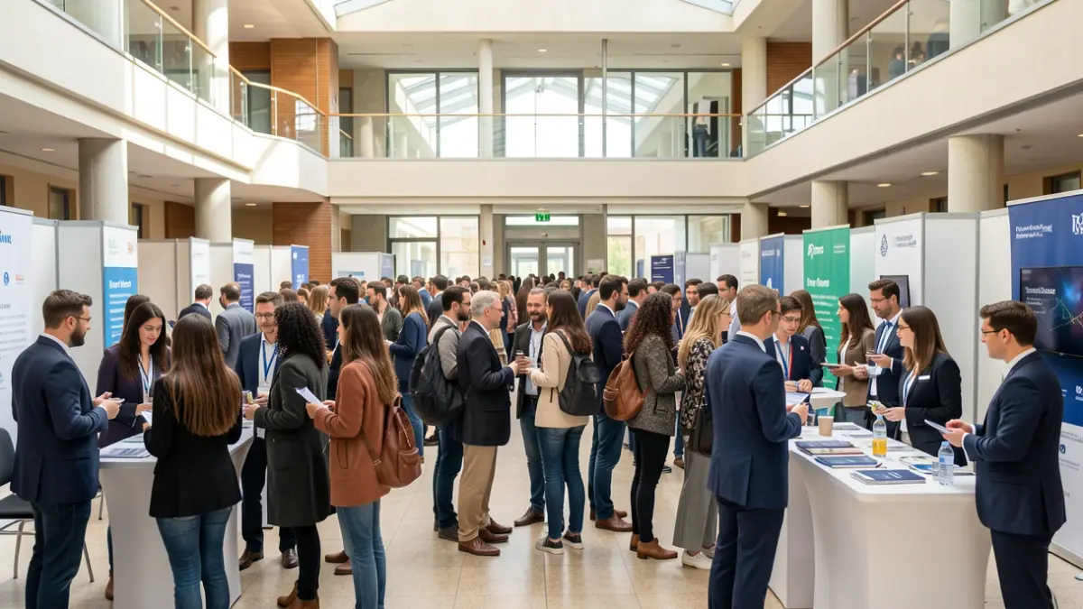 Ambiente de feira de emprego numa universidade portuguesa, com estudantes a interagir com empresas.