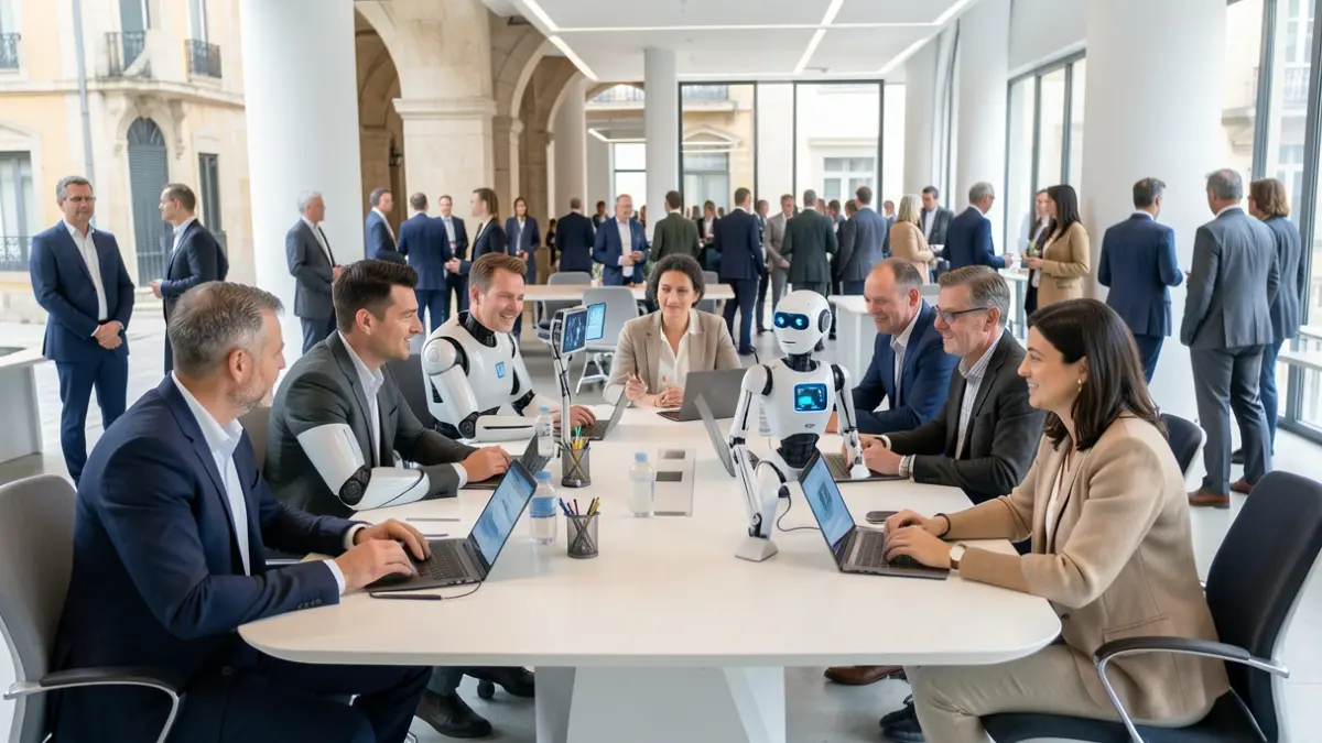 Imagen genérica de un grupo diverso de profesionales, incluyendo humanos y representaciones de IA y robots, colaborando en un espacio de oficina moderno.