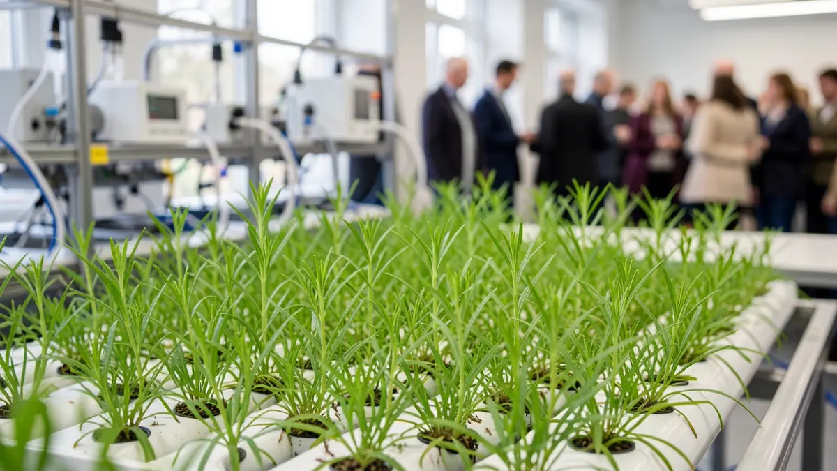 Imagem genérica de plantas verdes crescendo num sistema hidropónico com equipamento de laboratório desfocado ao fundo.