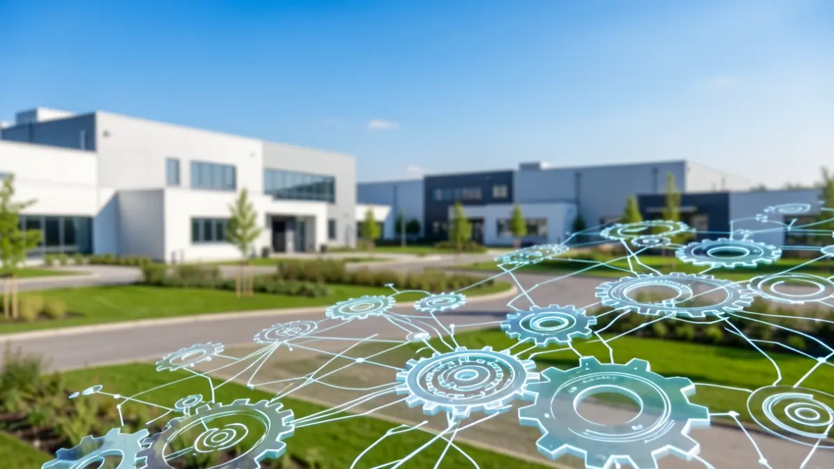 Imagem genérica de um parque industrial moderno com elementos de inovação e tecnologia.