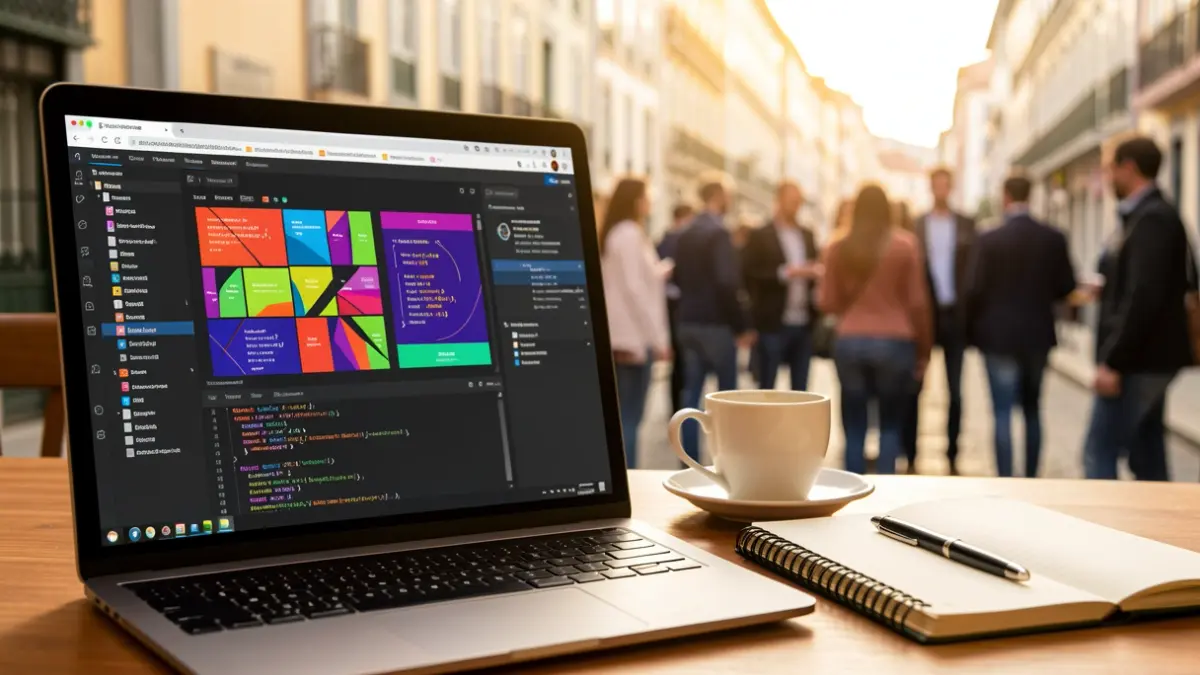 Close-up de um ecrã de portátil com software de web design e elementos coloridos, ao lado de um caderno e uma chávena de café, com iluminação de escritório.