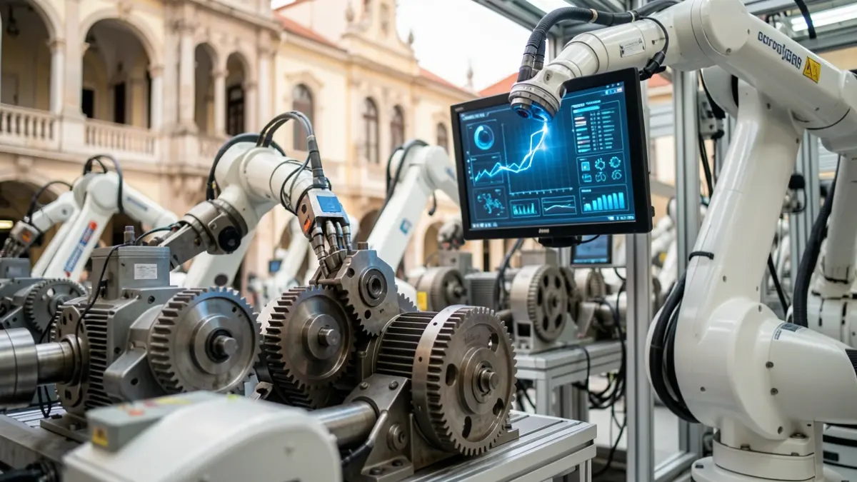 Imagem de maquinaria industrial com braços robóticos e ecrãs digitais, representando automação e digitalização.