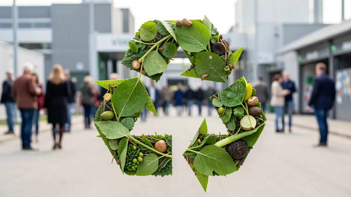 Imagem genérica de um símbolo de reciclagem feito de folhas verdes e material orgânico, com um fundo desfocado de uma moderna instalação de gestão de resíduos.