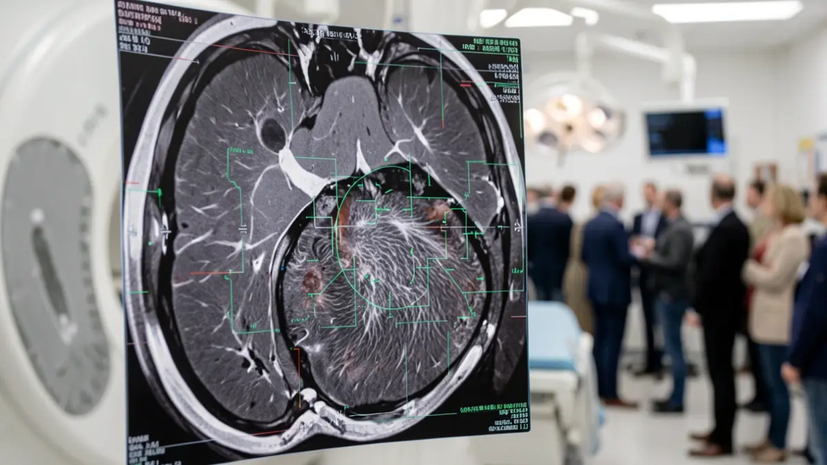 Imagen genérica de una tomografía computarizada con superposiciones de datos de IA, representando el análisis de la grasa abdominal.