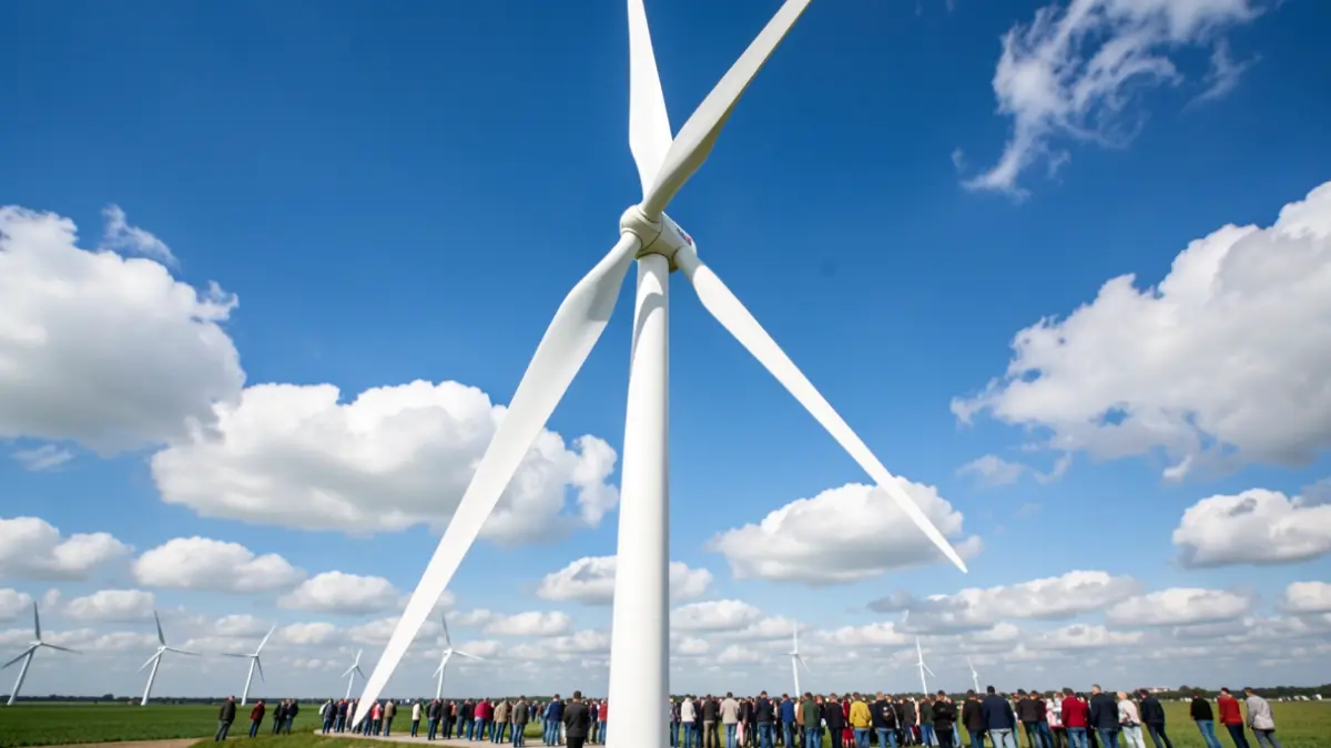 Generic image of a wind turbine blade against a bright blue sky, symbolizing renewable energy production.