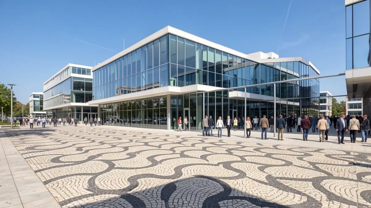 Imagem genérica de um parque empresarial moderno com padrão de calçada portuguesa.