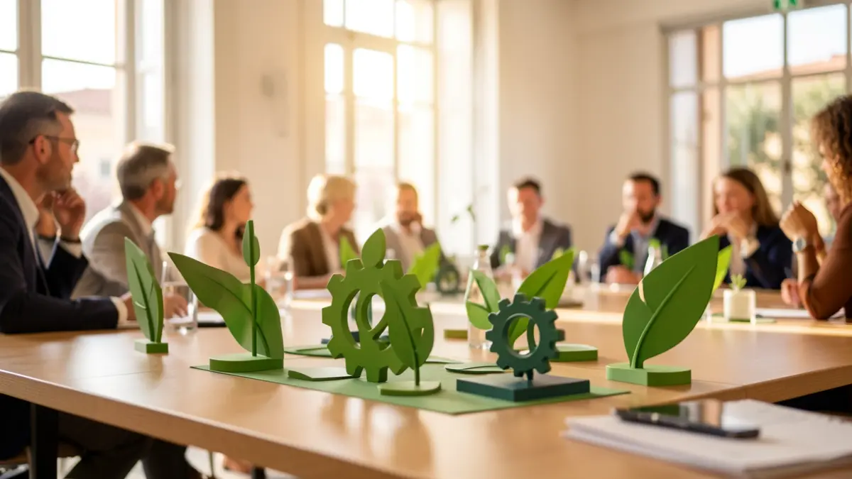 Imagem genérica de uma conferência de negócios sustentáveis em Portugal, com símbolos abstratos de inovação e economia verde.