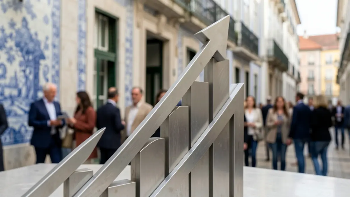 Imagem abstrata de crescimento económico com elementos arquitetónicos portugueses.