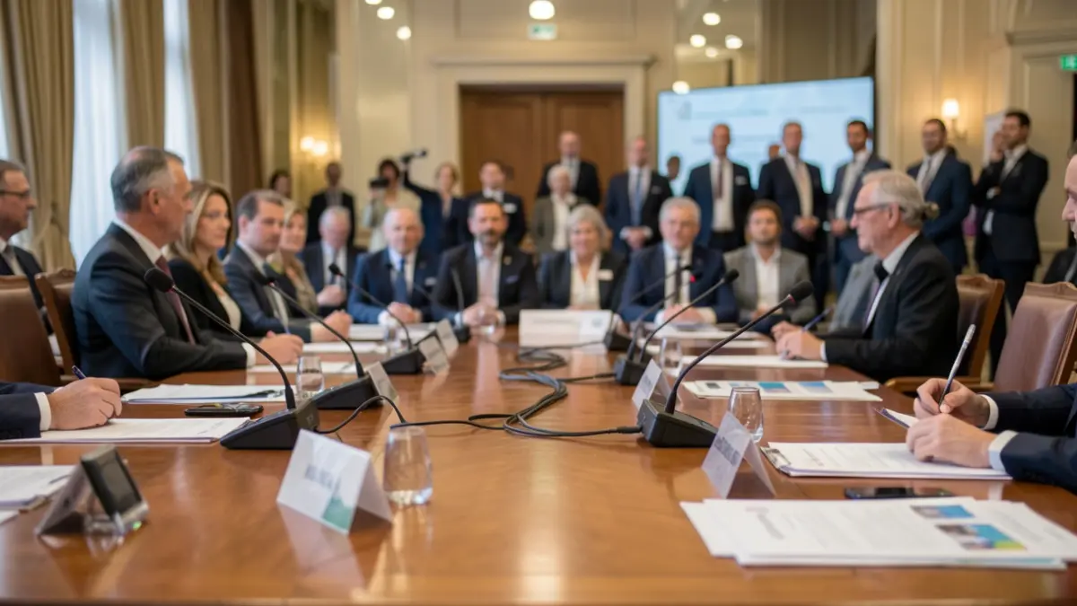 Imagem genérica de uma mesa de reunião com microfones e documentos, num ambiente formal.