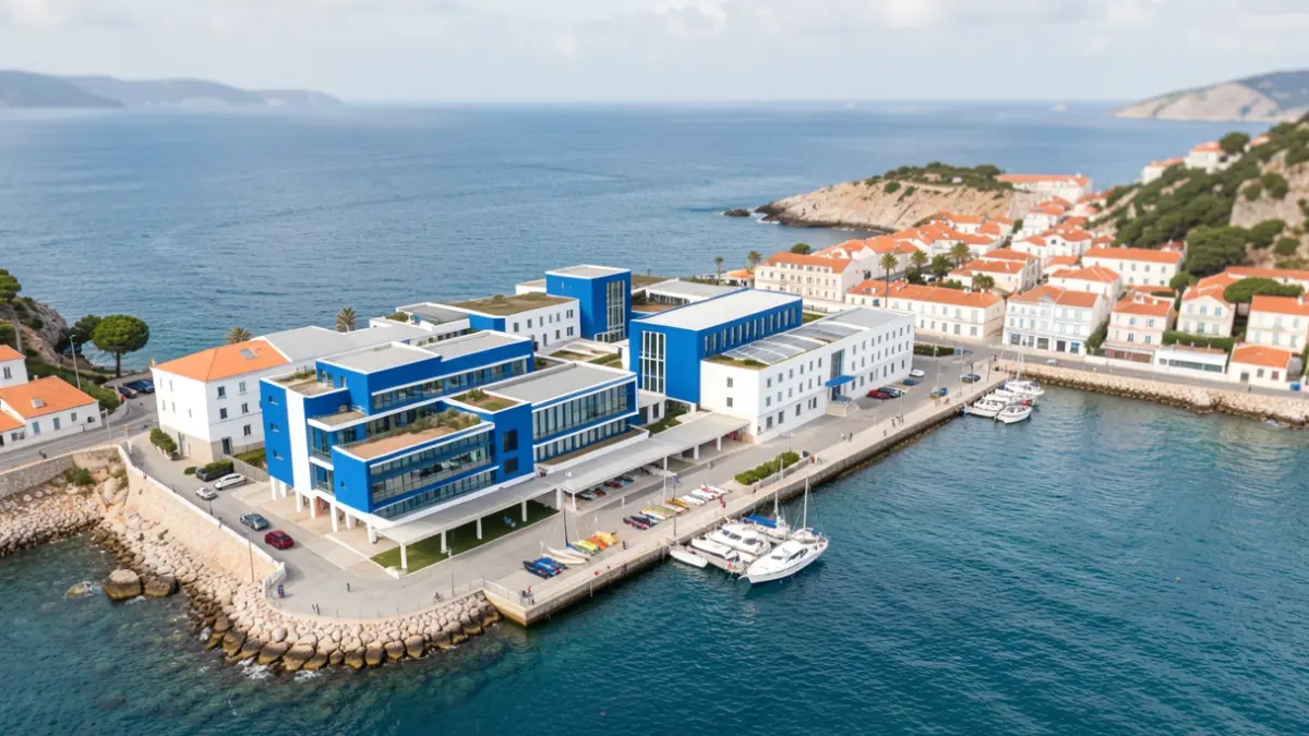 Imagem genérica de um complexo de edifícios modernos junto ao mar, com barcos atracados, sugerindo inovação e ligação a recursos marinhos.