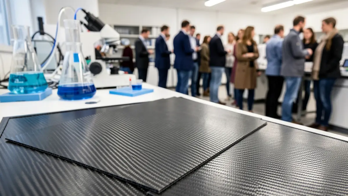 Imagem genérica de membranas de fibra de carbono em ambiente de laboratório, com equipamento científico desfocado ao fundo.