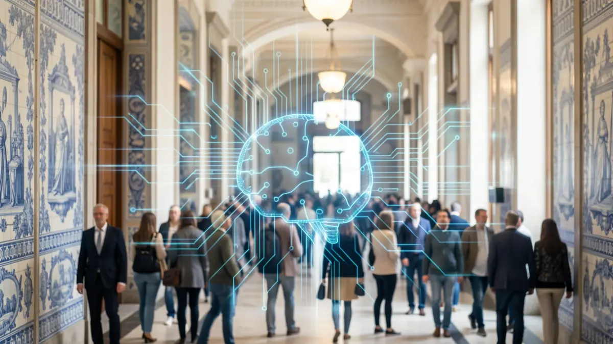 Imagem genérica de representação abstrata de inteligência artificial e administração pública, com elementos arquitetónicos portugueses.