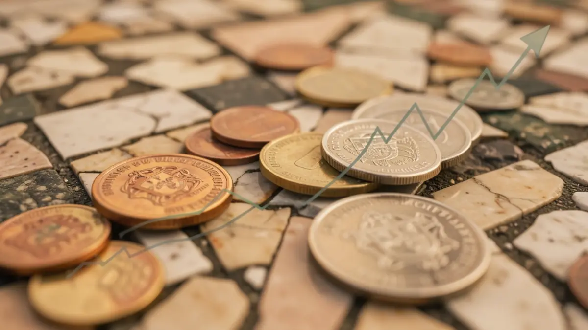 Generic image of an abstract representation of inflation in Portugal, with blurred coins and an upward graph on a Portuguese calçada portuguesa pattern.