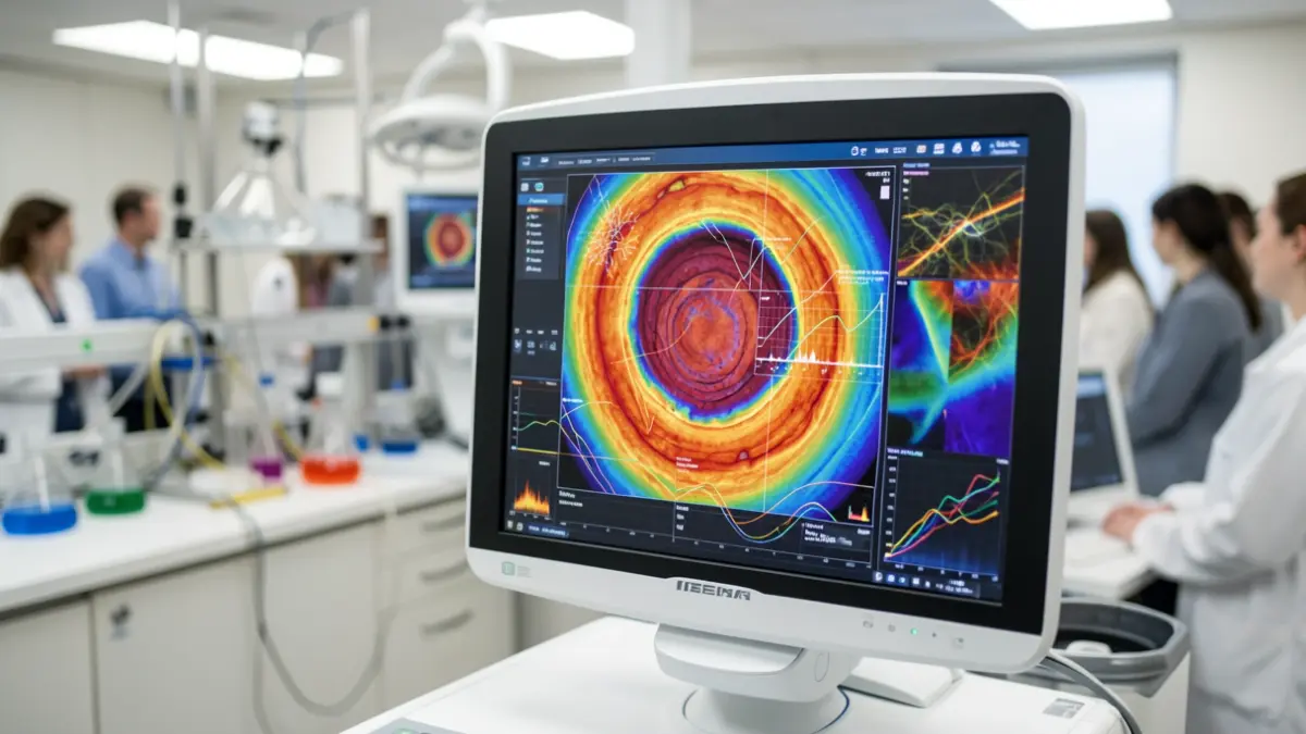 Image of a medical scanner displaying a malignant wound with AI data.