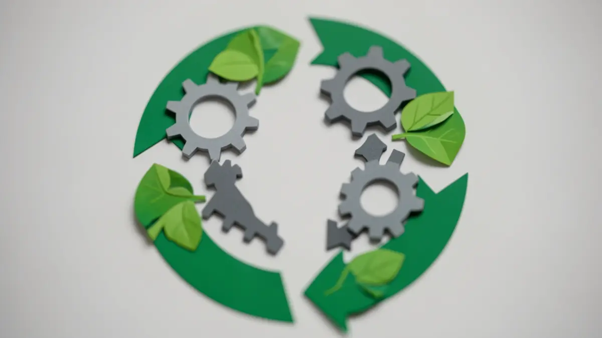 Imagem genérica de um diagrama de economia circular com engrenagens e folhas verdes, representação abstrata de indústria e sustentabilidade.