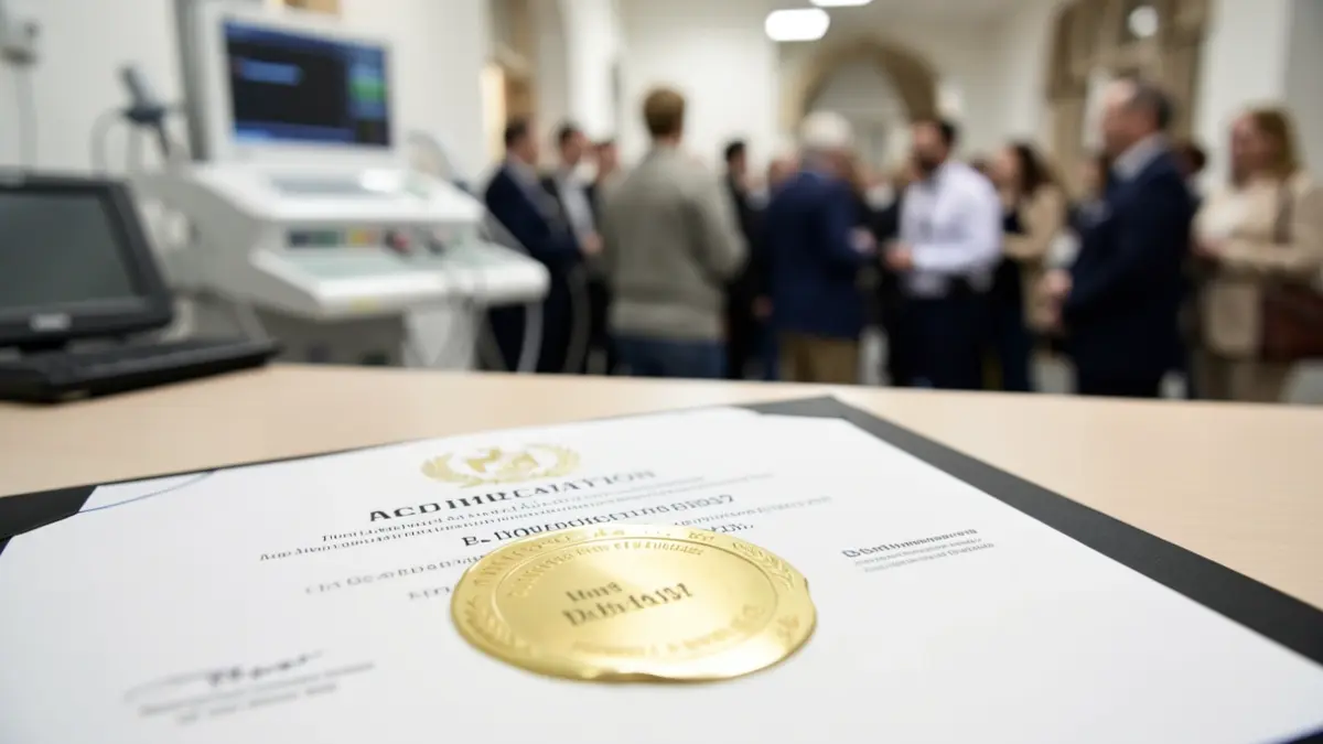 Imagem genérica de um certificado de acreditação médica com selo dourado.