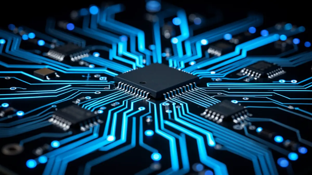 Imagem genérica de um circuito eletrónico com luzes azuis brilhantes, representando tecnologia avançada.