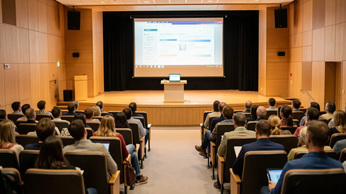 Generic image of a university lecture hall with empty seats and a stage.