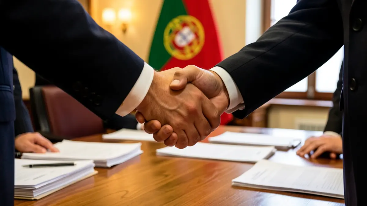 Imagem de duas mãos a apertar-se sobre uma secretária com documentos desfocados, simbolizando um acordo económico entre Portugal e os EUA.