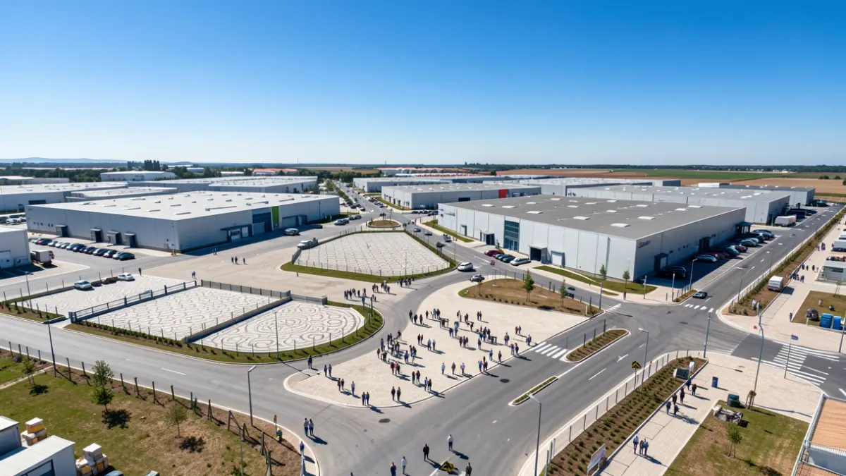 Generic image of a large business location area with modern warehouses and access roads, under a blue sky.