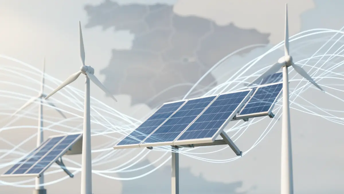 Imagem genérica de turbinas eólicas e painéis solares integrados em linhas de rede elétrica.