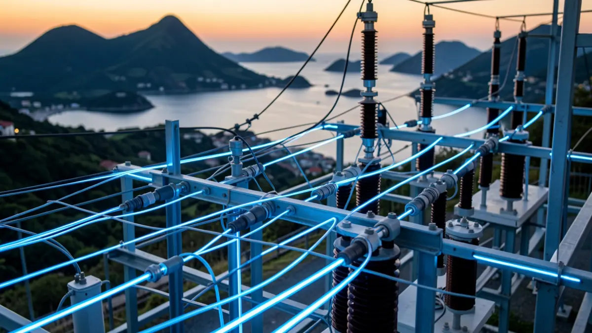 Generic image of complex electrical grid infrastructure with glowing blue energy lines and substations.