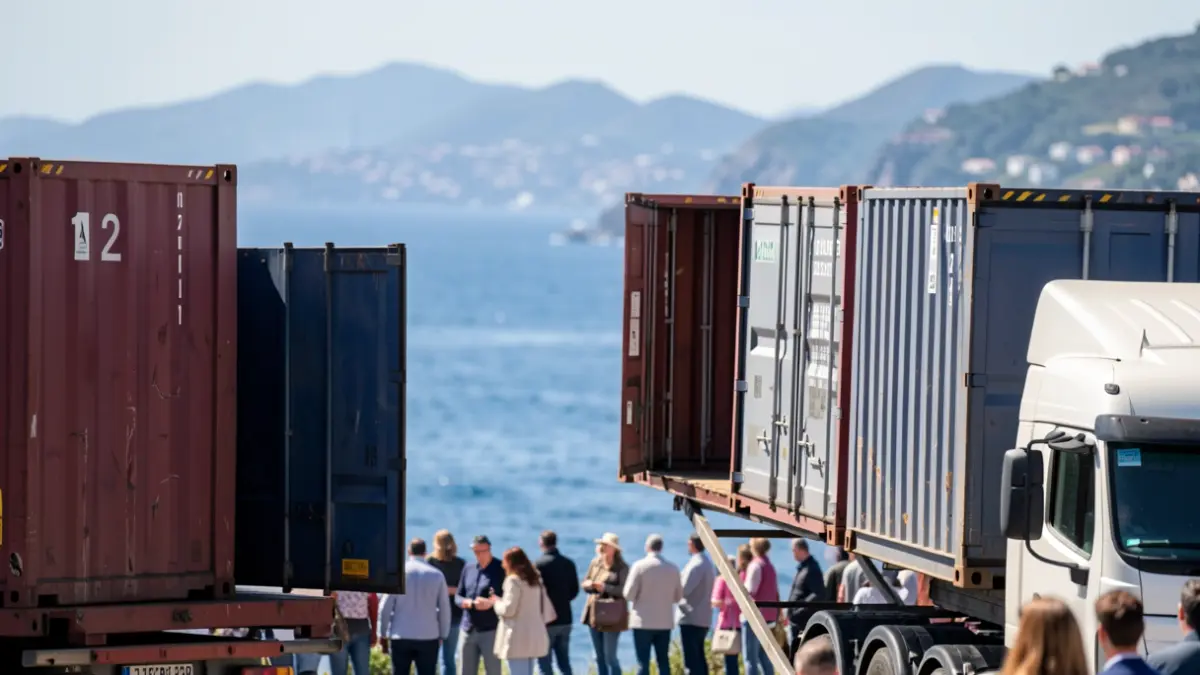 Imagen genérica de contenedores siendo cargados en un camión.
