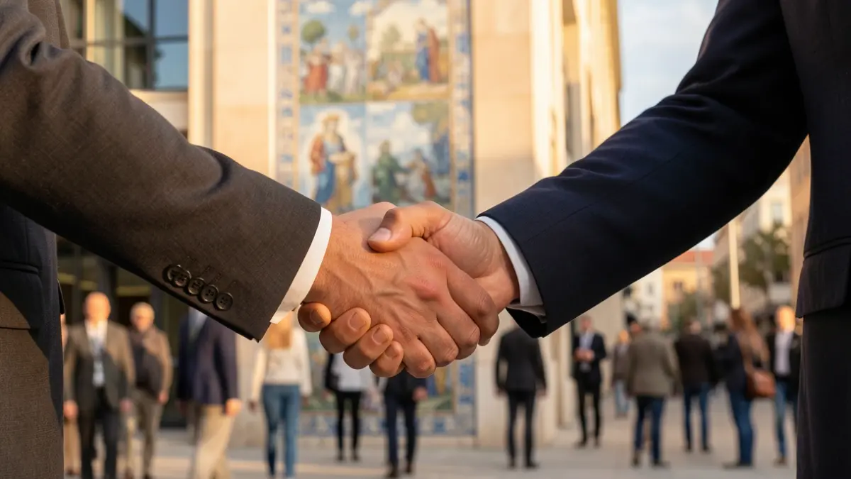 Generic image of a handshake between two people in business attire, with a blurred background of a modern office building facade featuring Portuguese azulejo tiles, warm afternoon light.