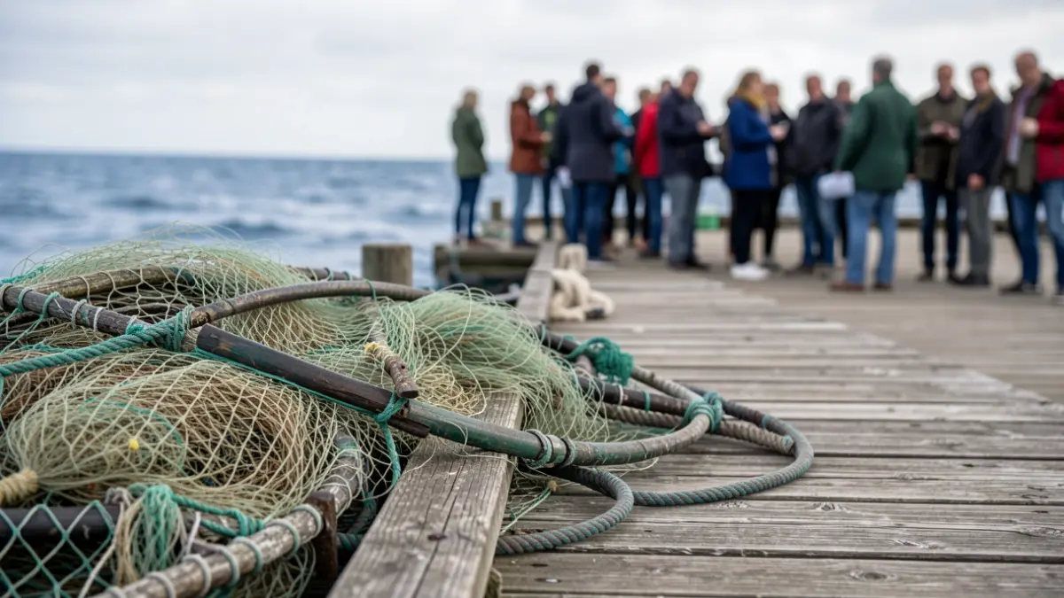Generic image of fishing nets and aquaculture equipment on a weathered wooden dock, with blurred blue ocean water in the background.