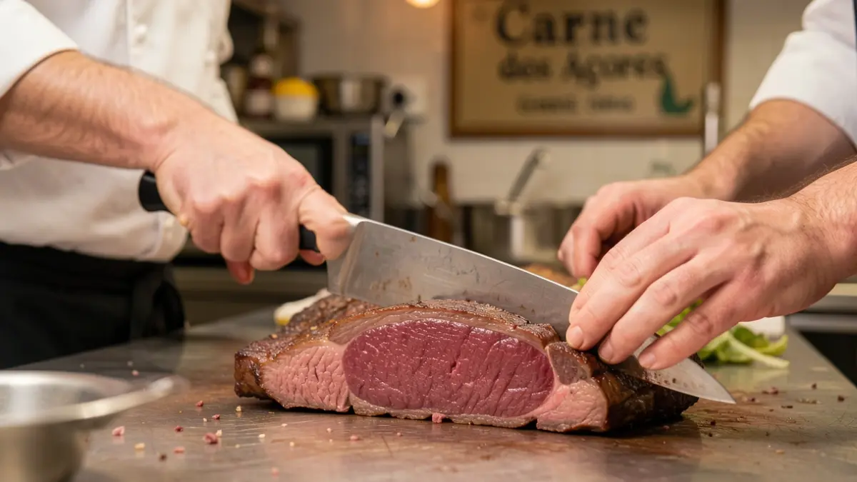 Imagem genérica de mãos de chef a cortar carne de alta qualidade, com foco na textura e excelência do produto.