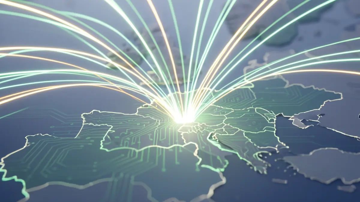 Generic image of European funds flowing into Portugal, with digital and green elements.