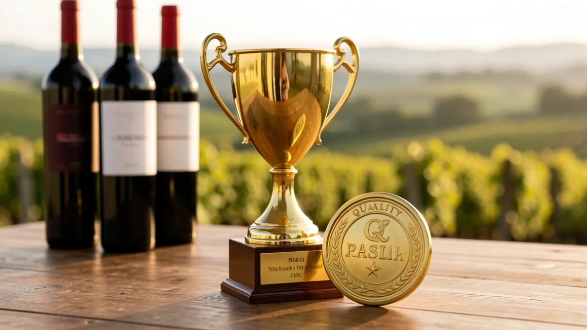 Imagem de troféus e selos de qualidade para vinhos portugueses.