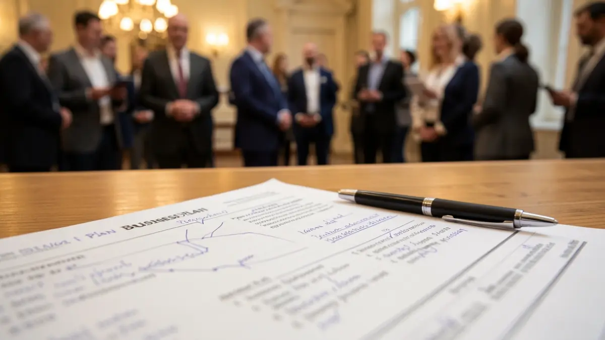 Generic image of a business plan with handwritten notes and a pen on a wooden desk.