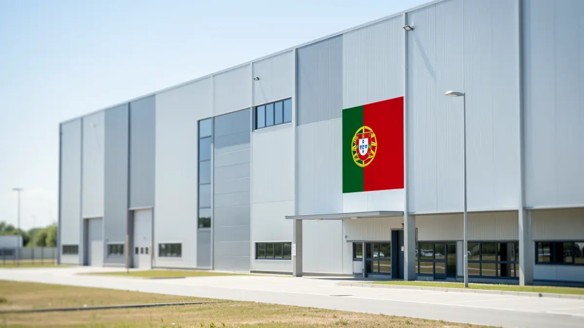 Fachada de um edifício industrial moderno numa zona de atividades económicas em Portugal, com luz diurna.