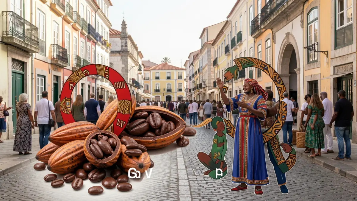 Imagem genérica de grãos de cacau e elementos de chocolate artesanal com referências subtis à arquitetura portuguesa e motivos africanos.