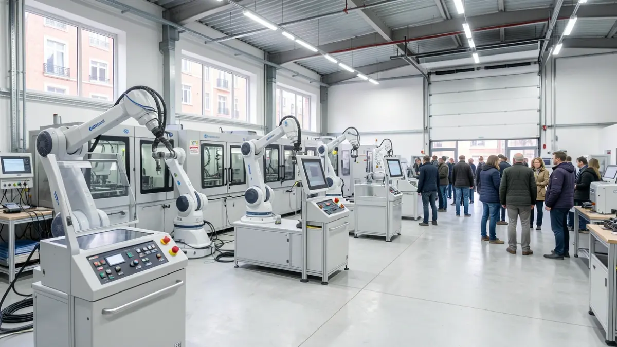 Imagem genérica de um interior de oficina industrial moderna com braços robóticos e equipamento de fabrico avançado.