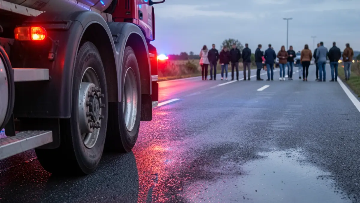 Generic image of a fuel tanker truck on a wet asphalt road at dusk, with blurred emergency lights.