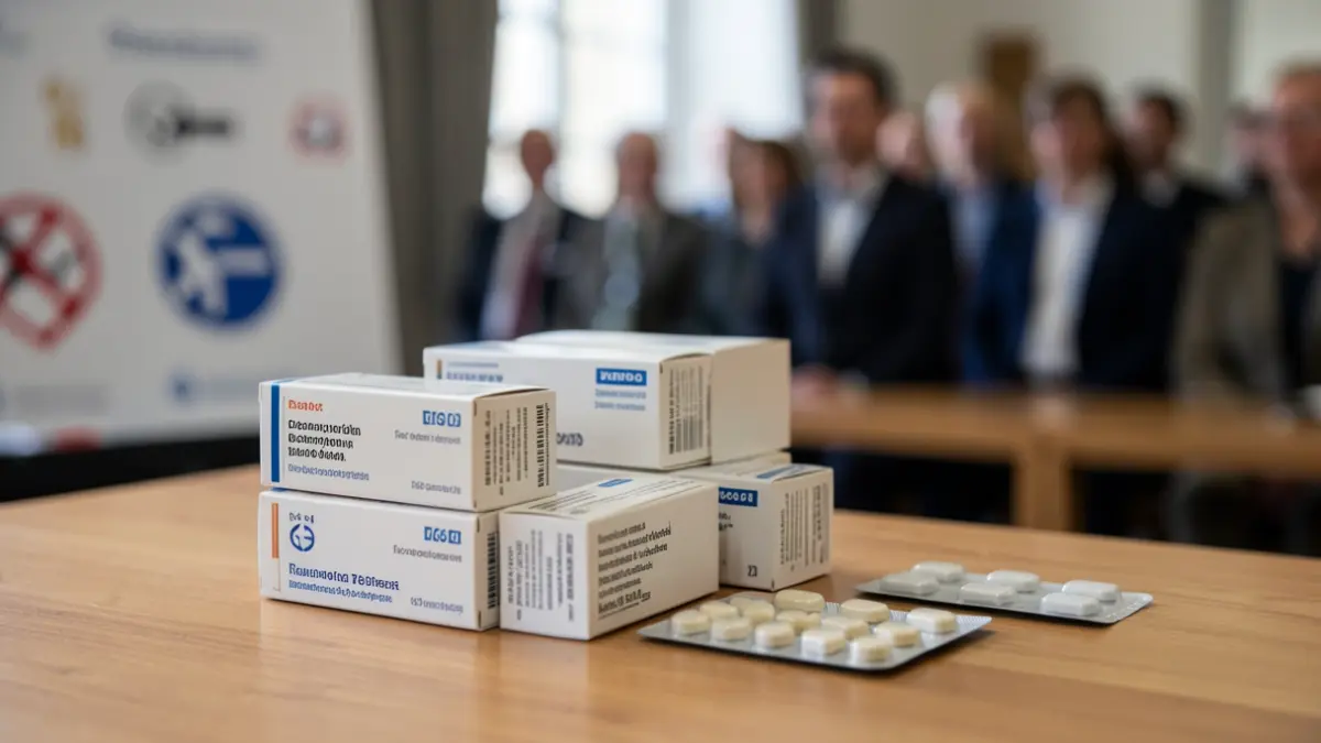 Imagem genérica de caixas de medicamentos e embalagens em blister sobre uma secretária.