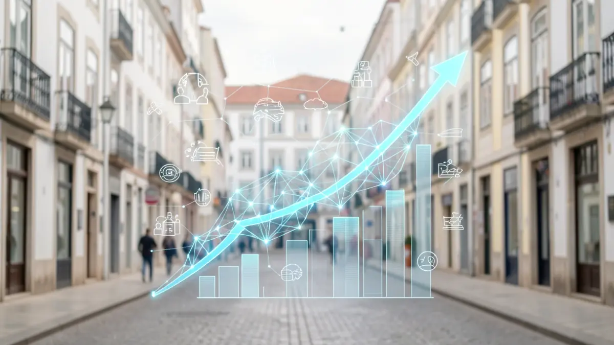 Generic image of glowing neural network patterns and upward trending graphs, with subtle tourism and business elements.