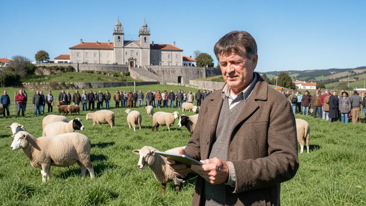 Imagem de um agricultor com animais e o edifício da Câmara Municipal de Ponte de Lima ao fundo.
