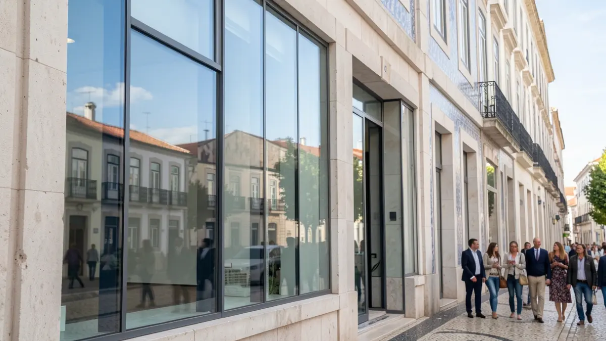 Imagem genérica de uma fachada de edifício moderno com reflexos do céu azul, simbolizando inovação.