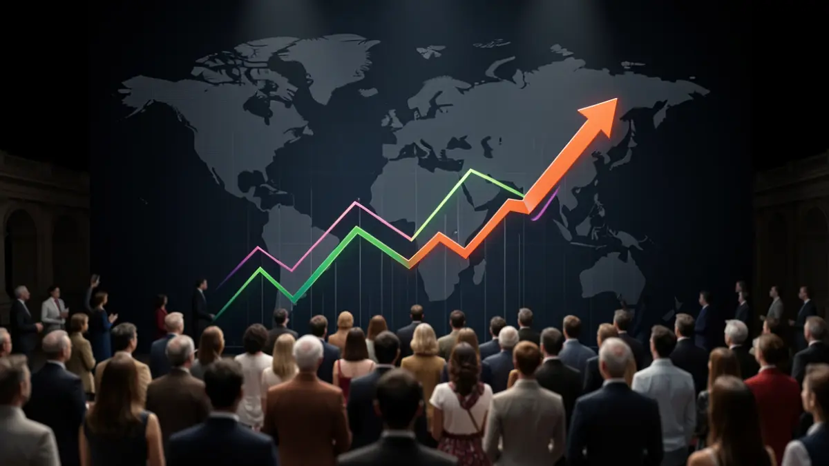 Generic image of abstract upward-trending graphs and world map elements.