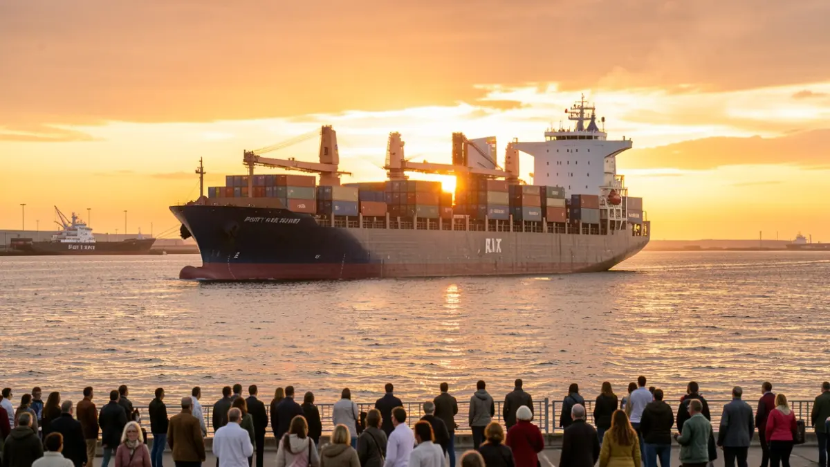 Imagem do Porto de Sines com navios cargueiros ao pôr do sol, destacando a atividade logística.