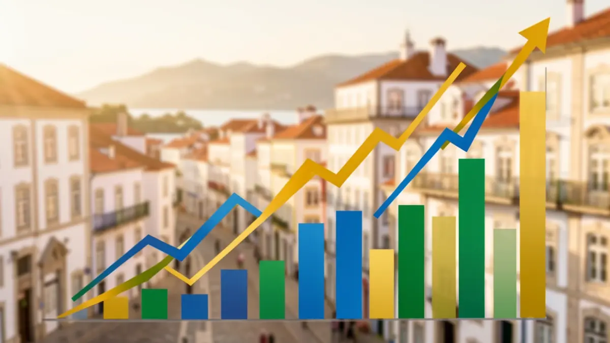 Imagem genérica de gráficos de crescimento financeiro sobre um fundo de arquitetura portuguesa.
