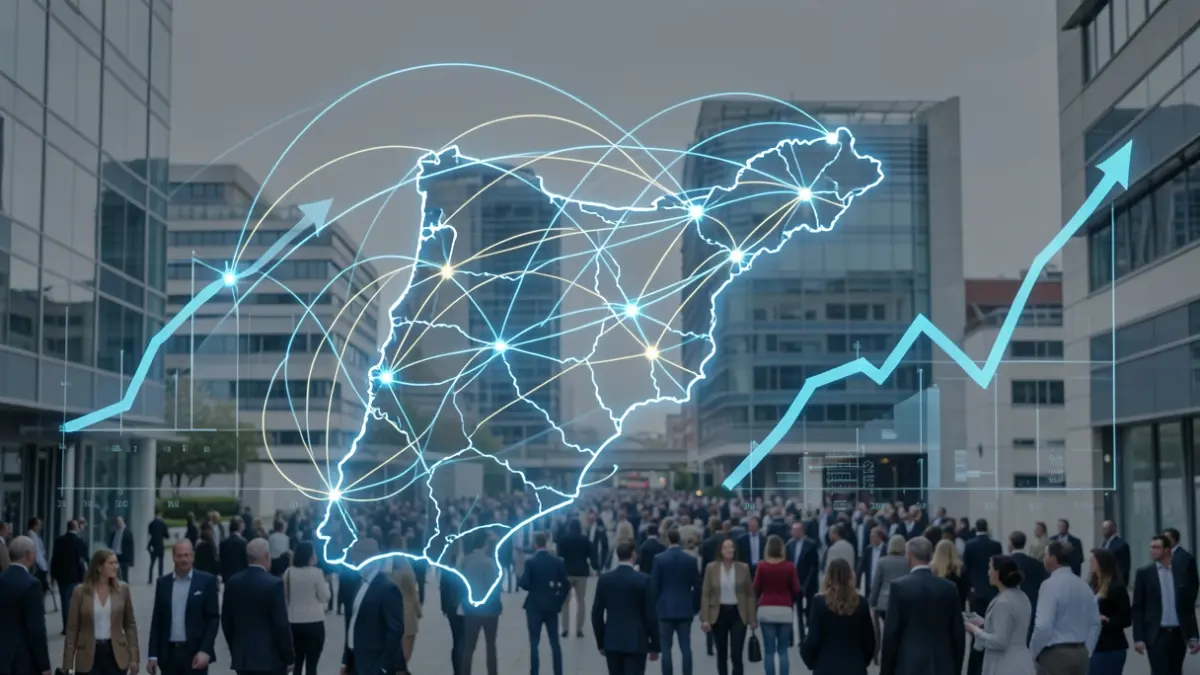 Imagem genérica de linhas de financiamento europeu a ligar pontos num mapa de Portugal, com elementos de crescimento económico e tecnológico.