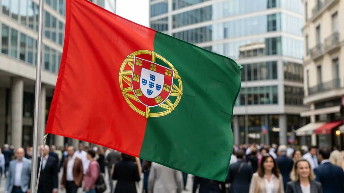 Portuguese flag waving with blurred office buildings in the background.